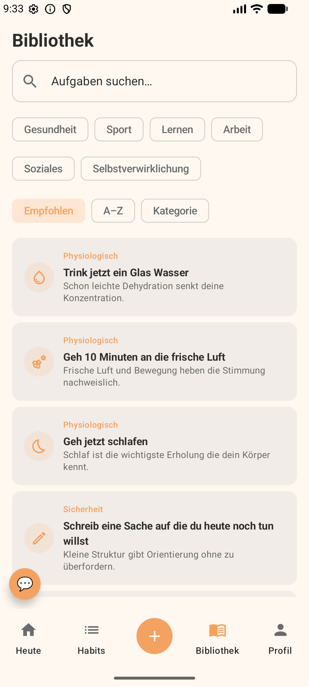 Liste mit Aufgabenvorschlägen in der App What Should I Do?